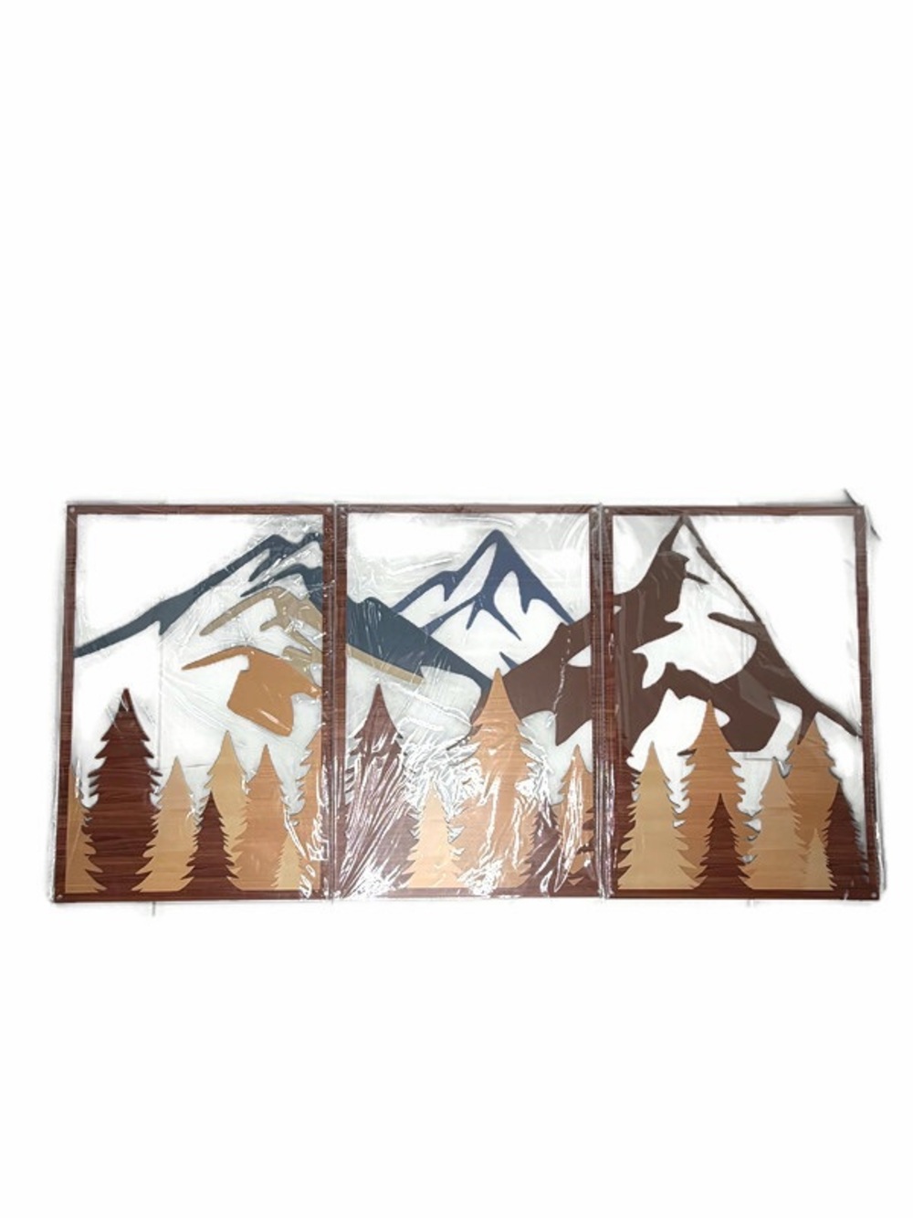 Mountain Forest Triptych Wall Art in Brown Tan Blue